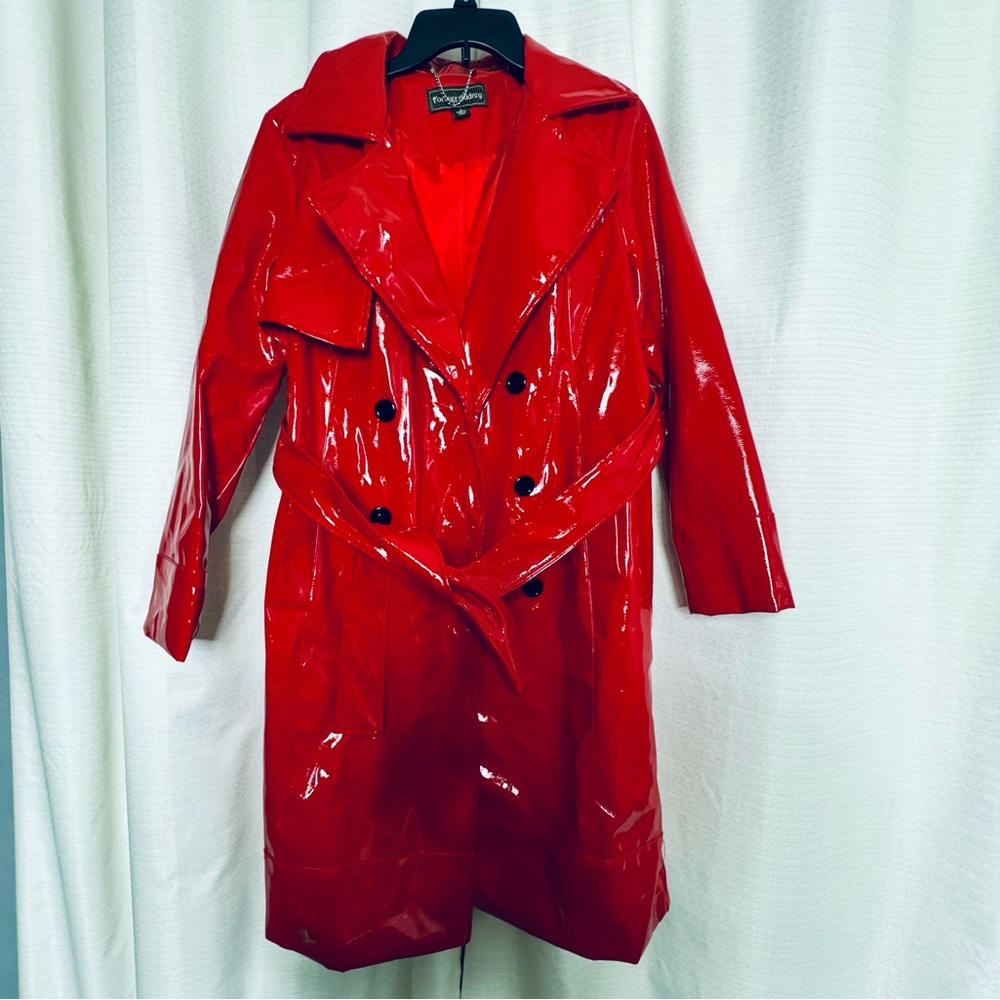 Forever Audrey New Patent Leather Red Raincoat Trench Coat Size M